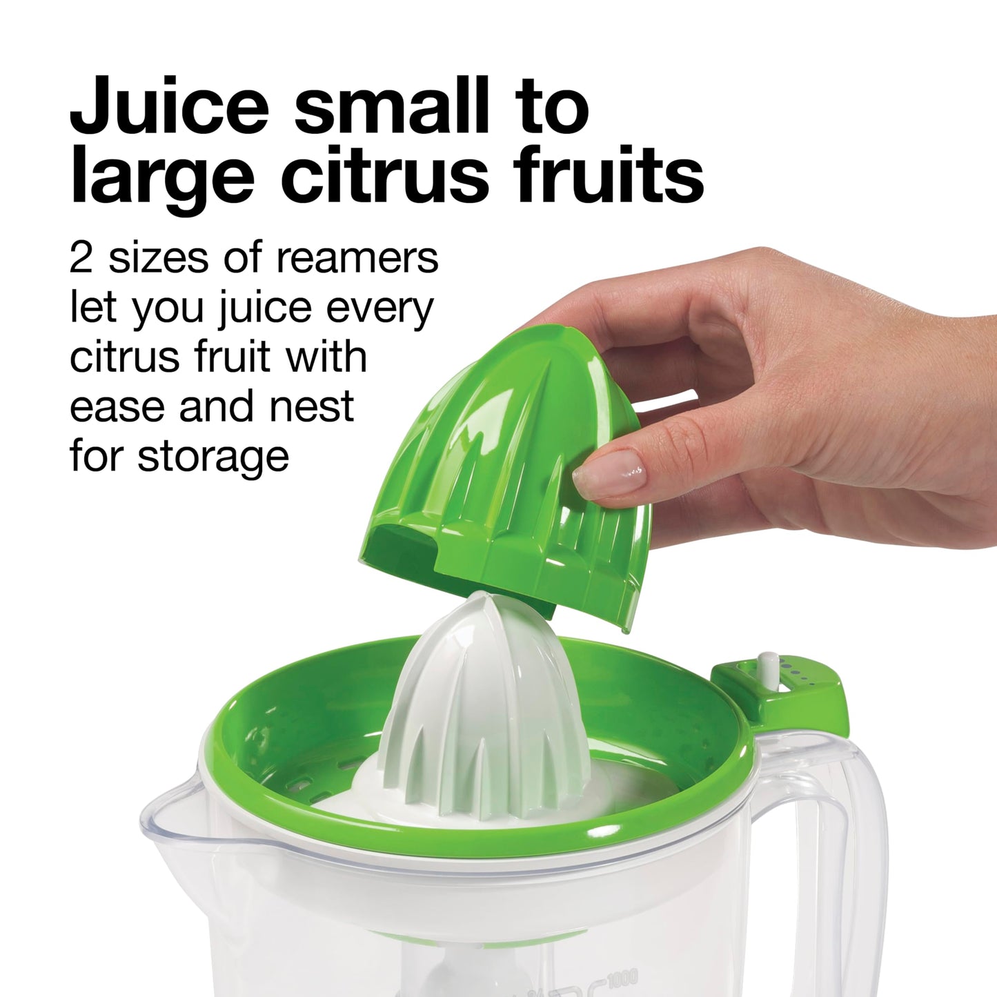 Proctor Silex Electric Citrus Juicer Machine, Large 34 oz. Pitcher, Pressure Activated, 2 Reamers for Big and Small Fruit, Pulp Control, for Orange, Lemon, Grapefruit Juice, White & Green (66340)