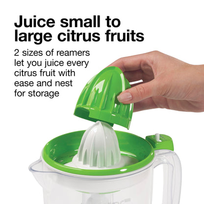 Proctor Silex Electric Citrus Juicer Machine, Large 34 oz. Pitcher, Pressure Activated, 2 Reamers for Big and Small Fruit, Pulp Control, for Orange, Lemon, Grapefruit Juice, White & Green (66340)