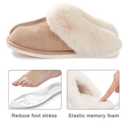 Donpapa Womens Slipper with Memory Foam Fluffy Soft Warm Slip On House Slippers Anti-Skid Cozy Plush for Indoor Outdoor Tan Large