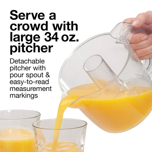 Proctor Silex Electric Citrus Juicer Machine, Large 34 oz. Pitcher, Pressure Activated, 2 Reamers for Big and Small Fruit, Pulp Control, for Orange, Lemon, Grapefruit Juice, White & Green (66340)