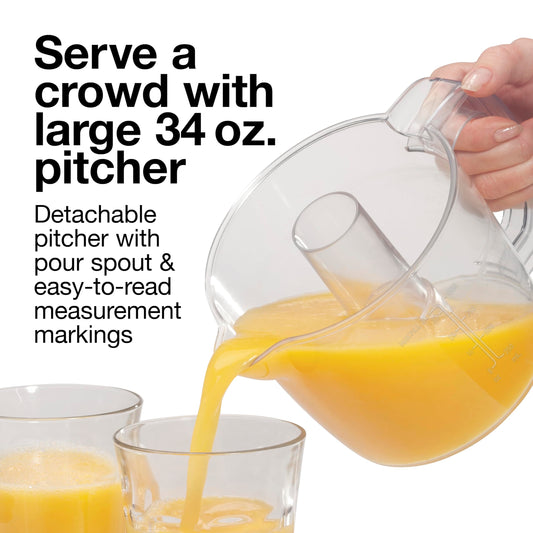 Proctor Silex Electric Citrus Juicer Machine, Large 34 oz. Pitcher, Pressure Activated, 2 Reamers for Big and Small Fruit, Pulp Control, for Orange, Lemon, Grapefruit Juice, White & Green (66340)