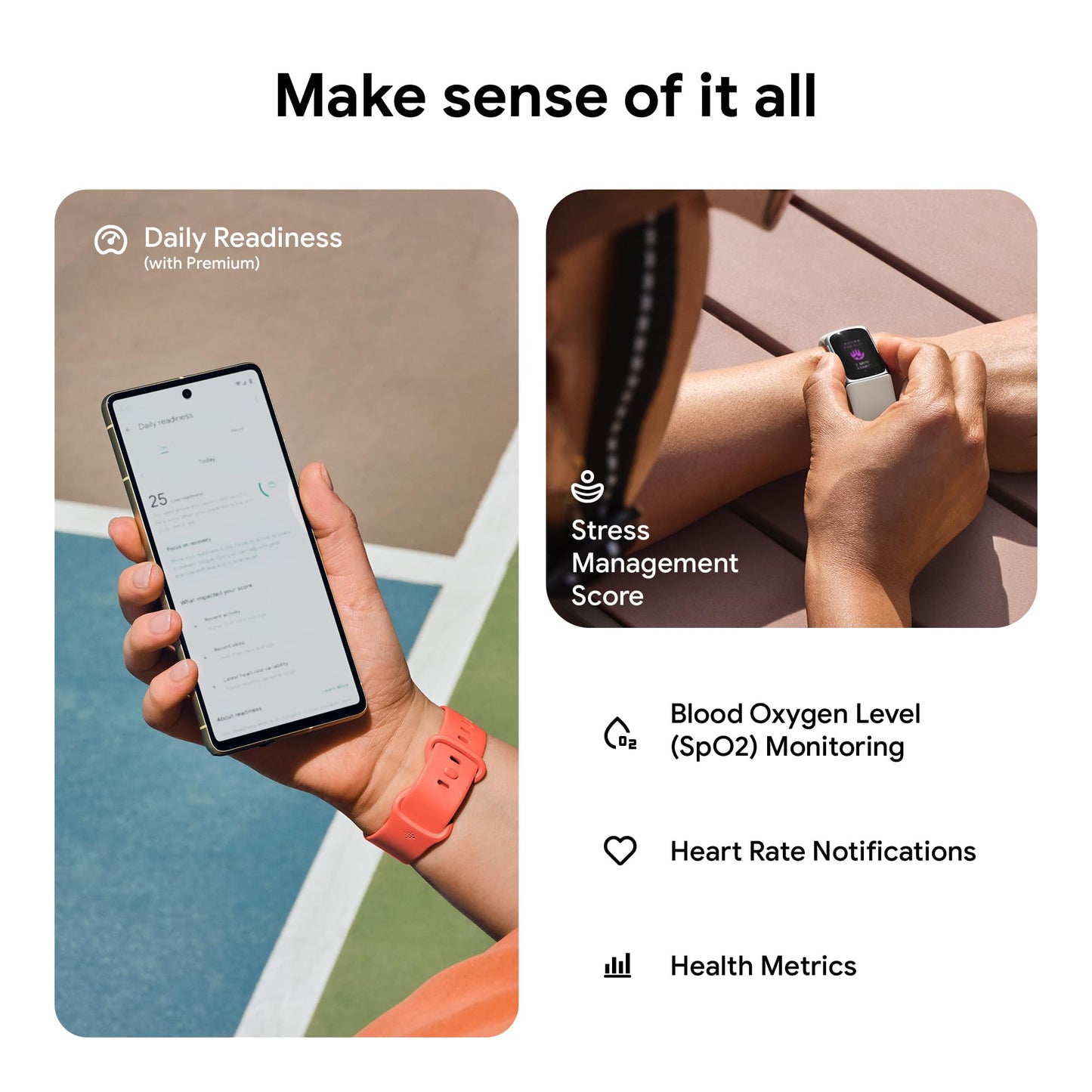 Fitbit Charge 6 Fitness Tracker with Google apps, Heart Rate on Exercise Equipment, 6-Months Premium Membership Included, GPS, Health Tools and More, Porcelain/Silver, One Size (S & L Bands Included)