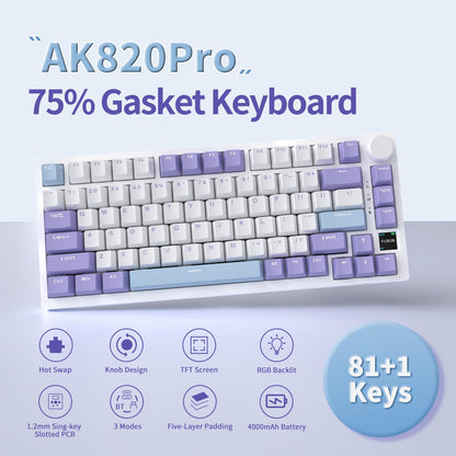 AJAZZ AJ AK820PRO 75% Gasket Mechanical Keyboard with TFT Screen - Five Layer Padding - 4000mAh Battery - South Facing LED - Bluetooth/2.4GHZ/Wired Hot Swap RGB Keyboard, Gift Switch