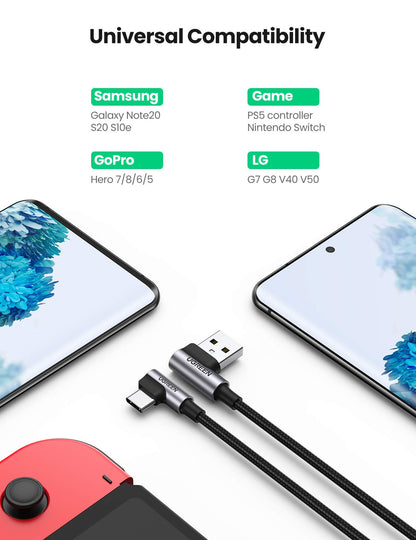 UGREEN USB to USB C Cable 90 Degree USB C Fast Charging Cord Compatible with iPhone 17/16/16 Plus/16 Pro/16 Pro Max/15/Samsung Galaxy S10/S10+/Pixel 9/6a/LG G8/G7/Pixel/Switch, etc, 1.6FT