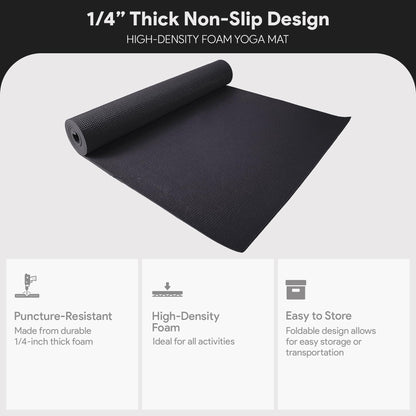 Fitvids 1/4-Inch High Density Thick Non Slip Yoga Mat with Knee Pad and Carrying Strap for Workout, Pilates, Gym Home Exercise, Black