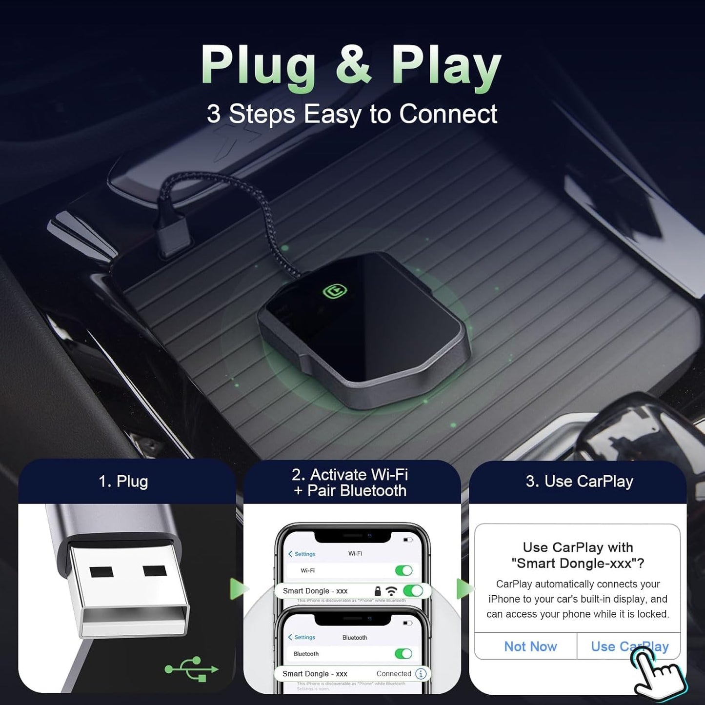 Wireless Carplay Adapter, Converts Wired to Wireless carplay Adapter for iPhone, Wireless Control Plug & Play Carplay for Cars from 2017 & for Apple iPhone iOS 10+