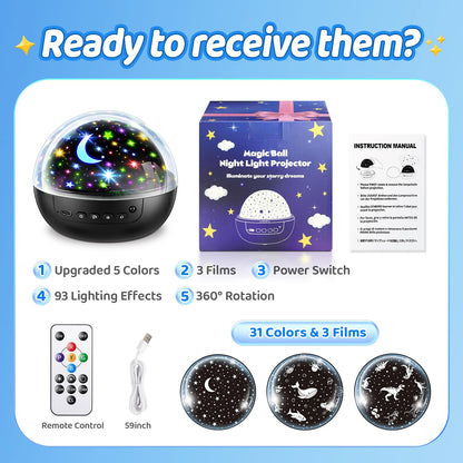 COOLNIGHT Night Light for Kids, 93 Lighting+3 Films Kids Night Light Projector, Remote+Dimmable Star Projector,360°Slient Ceiling Stars Glow in The Dark Stars, Boys Christmas Gifts for 4 Year Old Boy