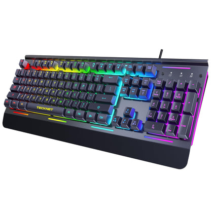 TECKNET Gaming Keyboard, 15-Zone RGB Illumination, All-Metal Panel Keyboard, IP32 Waterproof, 25 Anti-Ghosting, Quiet Typing, USB Wired Ergonomic Keyboard for Windows XP/Vista/7/8/10/11