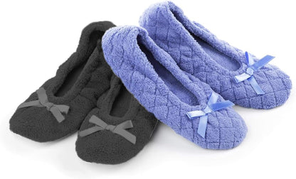 isotoner Women's 2 Pack Microterry Ballerina Slippers with Satin Bow, Suede Sole, and Terry Lining , Periwinkle Quilted/Ash Solid, 8-9