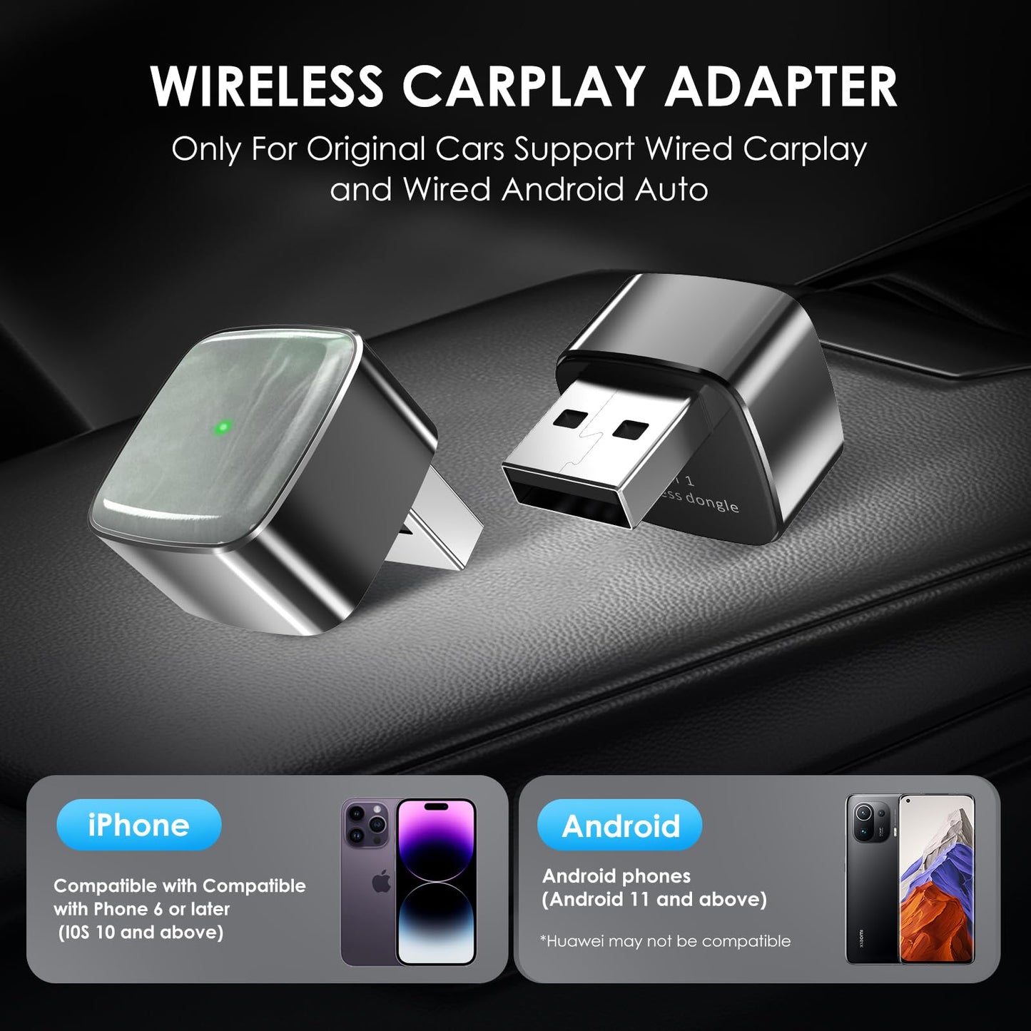 RTGRNKY Mini Wireless Carplay Adapter for iPhone &Android Auto with Extension Cable Type C Caplay Wireless Adapter,Plug & Play Easy and Stable Connection Carplay for Apple & Android Auto