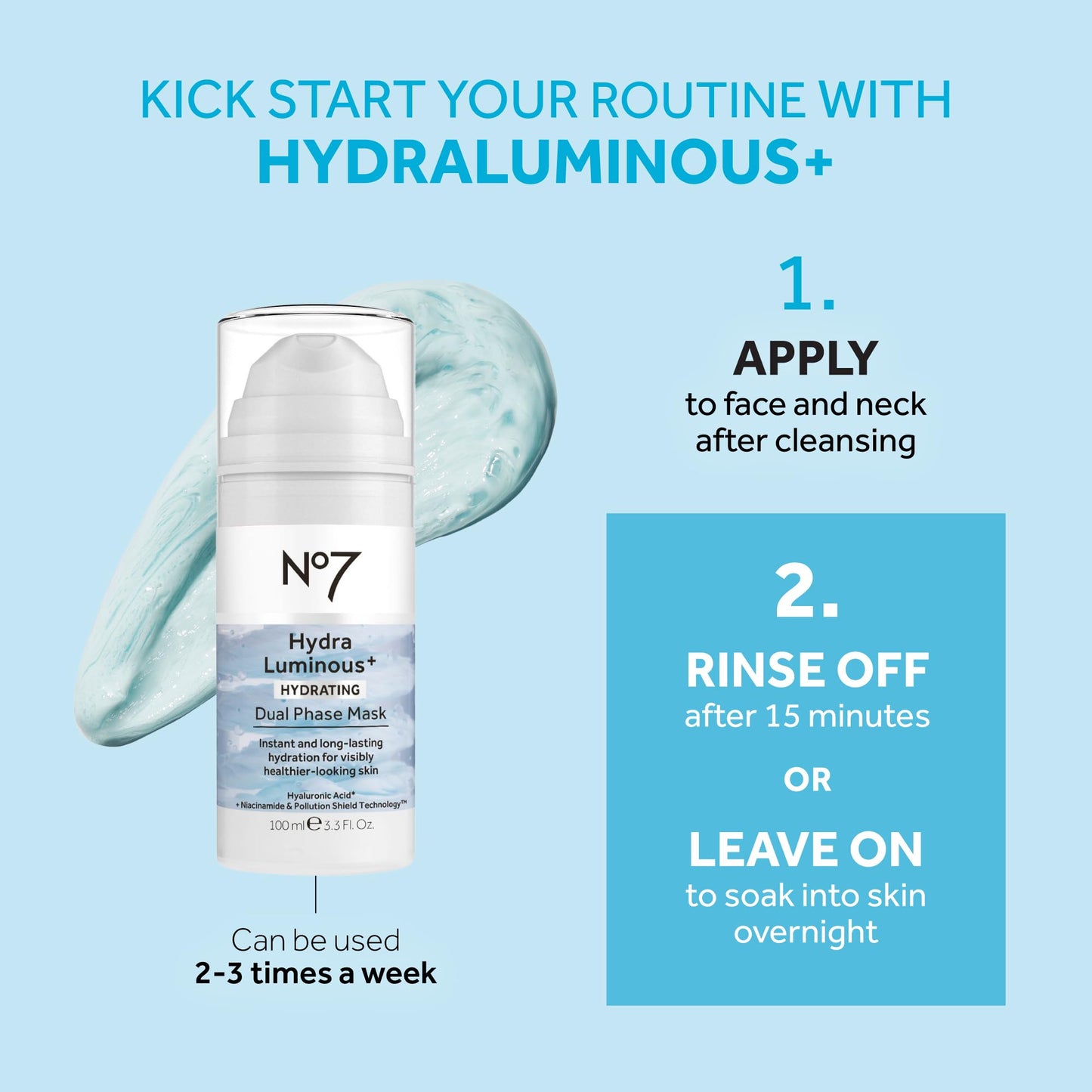 No7 HydraLuminous+ Hydrating Dual Phase Face Mask - Hyaluronic Acid Overnight Face Mask with Vitamin B3 Niacinamide for Skin Barrier Repair & Radiant-Looking Skin (3.5 Fl Oz)