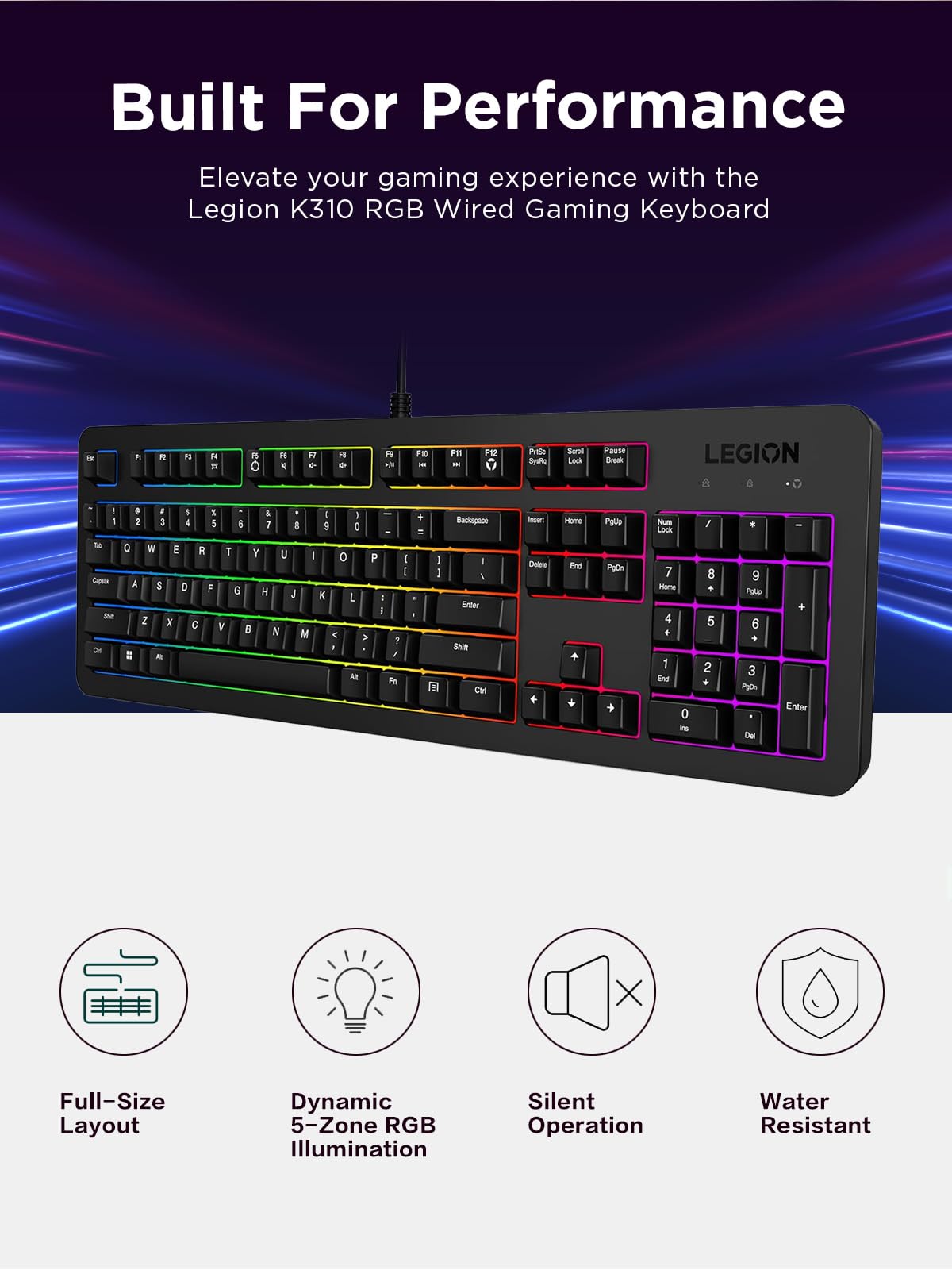 Lenovo Legion K310 RGB Wired Gaming Keyboard - Ultra-Fast Reaction Time with Tactile Keys, Quiet Key Membrane Switches, Silent Operation, RGB Illumination - Water Resistant & Compact Design