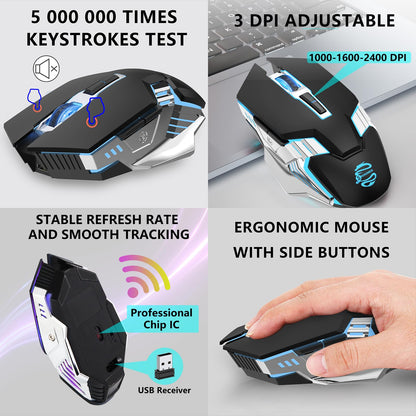 Bluetooth Mouse Wireless, Rechargeable, Multi-Device(2.4G/BT5.0/BT3.0), 7 Buttons, Silent Click, Ergonomic, 7-Color Backlit, LED Light up Mice for Laptop, Computer, Mac, PC, Chromebook - Black