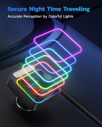 Nulaxy 54W Bluetooth 5.3 Car Adapter Charger 4-Port Fast Charging [PD36W & QC3.0 18W], Wireless Radio FM Transmitter with Deep Bass Player, 5 Colors LED Backlit, Hands-Free Calling, Support USB Drive