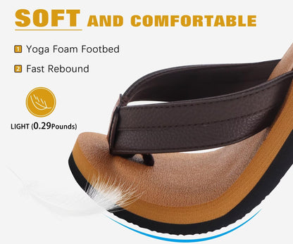 KuaiLu Mens Leather Flip Flops Arch Support Summer Beach Pool Water Thong Sandals Waterproof Essentials Walking Shoes Slip on Orthotic Casual Sport Cushioned Wide Slides Shower Slippers Khaki Size 11