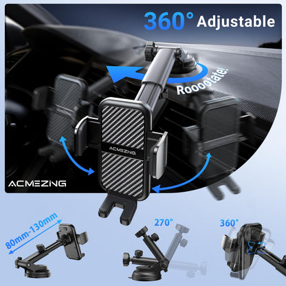 ACMEZING 3-in-1 Car Phone Holder [122+LBS Strongest Suction & Stable Clamp Arm] 360° Adjustable Mount, Cell Phone Holders for Your All Car Models for Dashboard Vent, All Smartphones, Black
