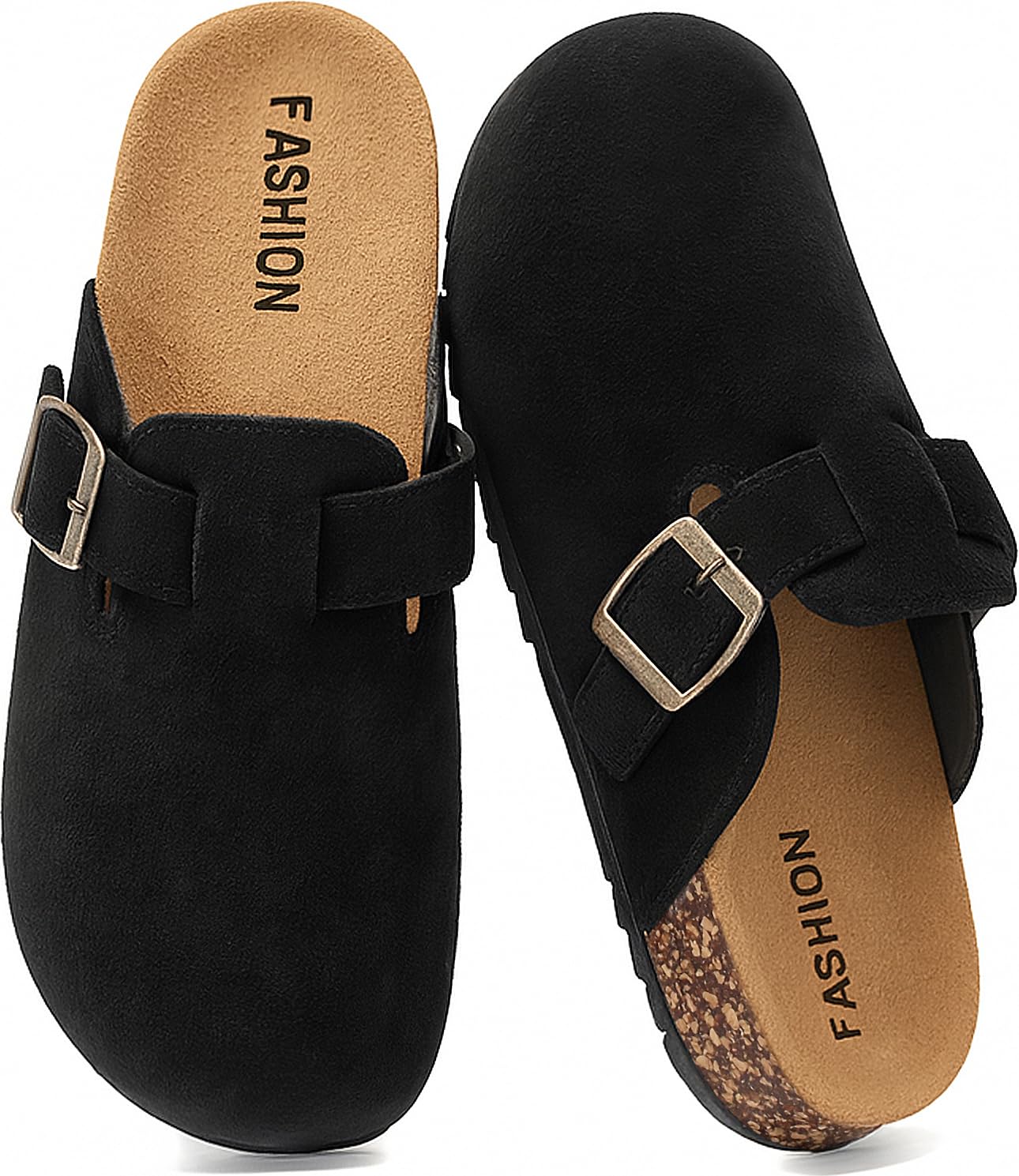 Women's Suede Clogs Mens Leather Mules Comfort Cork Footbed Antislip House Sandals Arch Support Potato Shoes with Adjustable Buckle Black