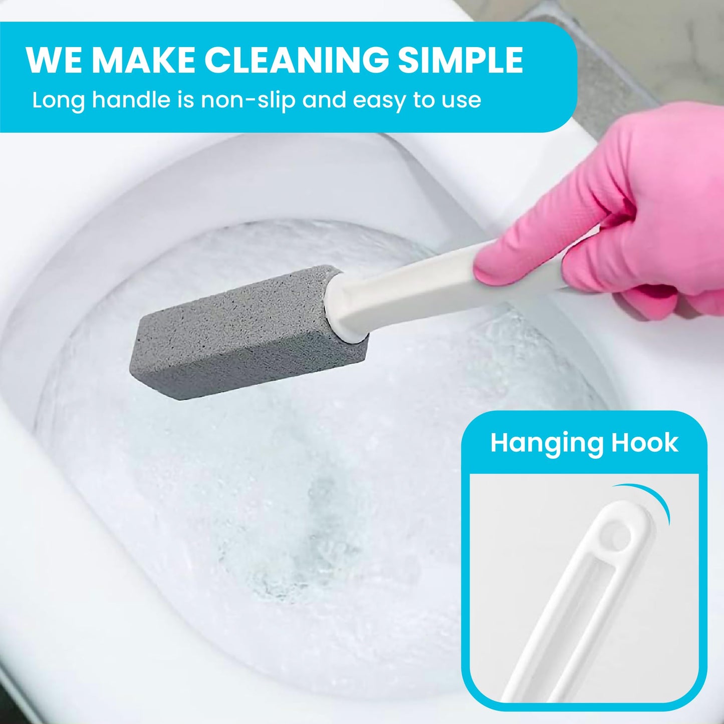 Simple Life Pumice Stone Toilet Bowl Cleaner | Long Handle & Eco-friendly Screw-on Pumice Stones | Scouring Stick for Toilet Cleaning, Stain Removal on Toilets, Grills, Tiles, Grout & Pools | 3 Pack
