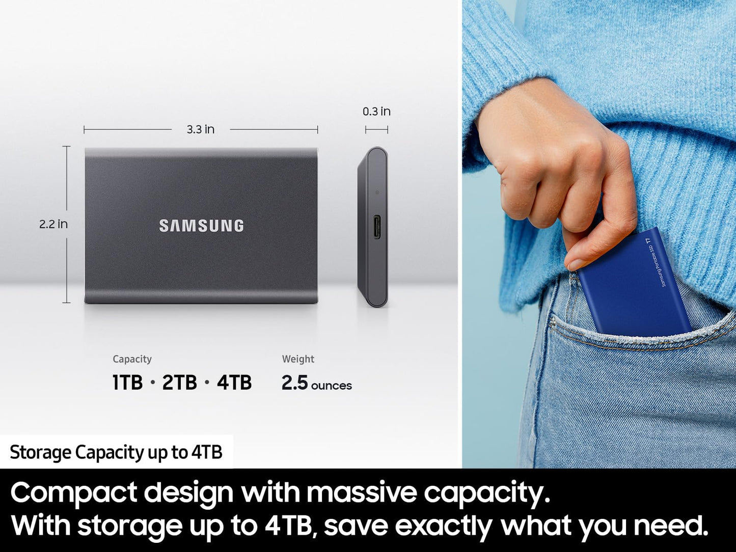SAMSUNG T7 Portable SSD, 1TB External Solid State Drive, Speeds Up to 1,050MB/s, USB 3.2 Gen 2, Reliable Storage for Gaming, Students, Professionals, MU-PC1T0T/AM, Gray