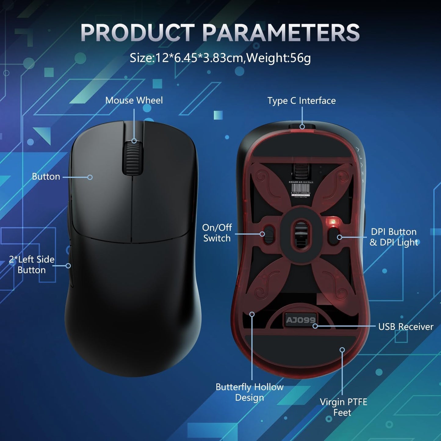 Ajazz AJ099 Superlight Wireless Gaming Mouse, Ergonomic 54g Ultra Lightweight 2.4Ghz/Wired Computer Mouse, PAW3311 12000 DPI Optical Sensor, 200Hrs Battery Programmable Buttons for Win/MAC PC Gamers