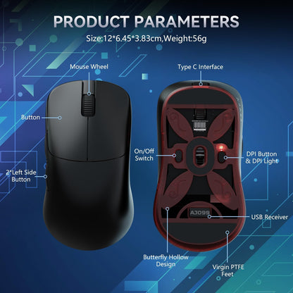 Ajazz AJ099 Superlight Wireless Gaming Mouse, Ergonomic 54g Ultra Lightweight 2.4Ghz/Wired Computer Mouse, PAW3311 12000 DPI Optical Sensor, 200Hrs Battery Programmable Buttons for Win/MAC PC Gamers