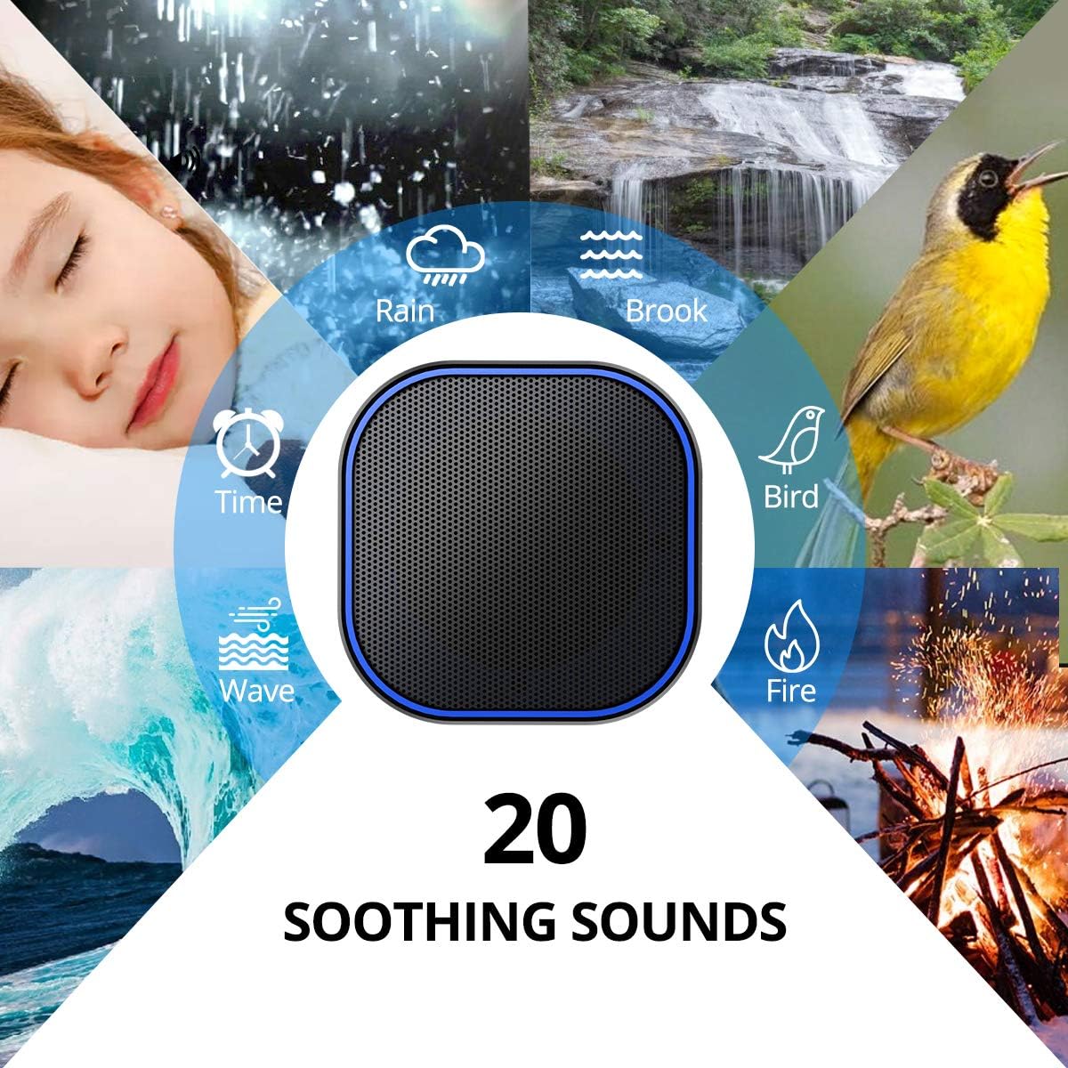 Magicteam White Noise Machine with 20 Non Looping Natural Soothing Sounds Memory Function 32 Levels of Volume Powered by AC or USB and Sleep Sound Timer Therapy for Baby Kids Adults Black