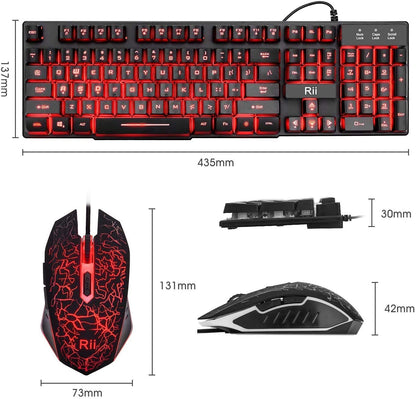 Rii Gaming Keyboard and Mouse Set, 3-LED Backlit Mechanical Feel Business Office Keyboard, Colorful Breathing Backlit Mouse for Working or Primer Gaming, Office Device (RK108)