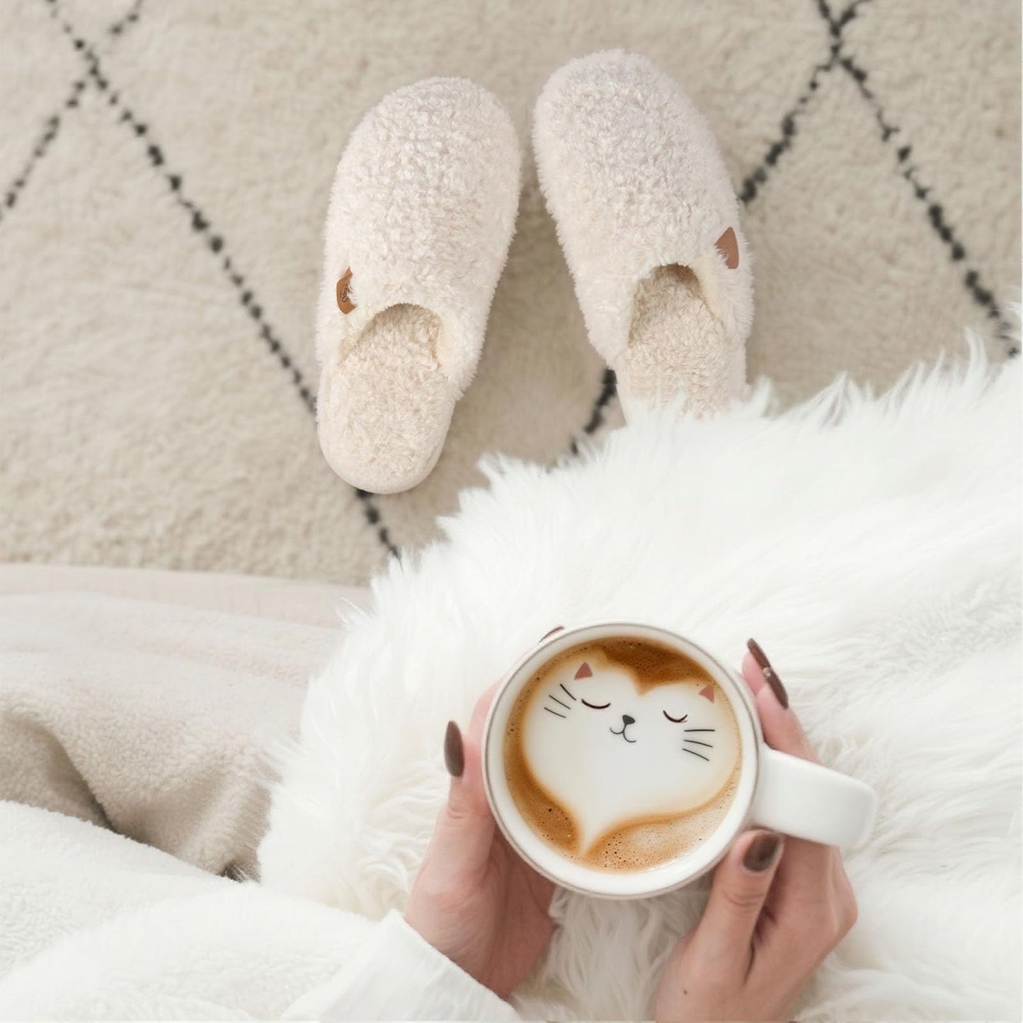 EverFoams Women's Fuzzy Slip-on Slippers Warm Cozy Soft Lightweight Memory Foam Indoor House Shoes Cream White, 7-8 US