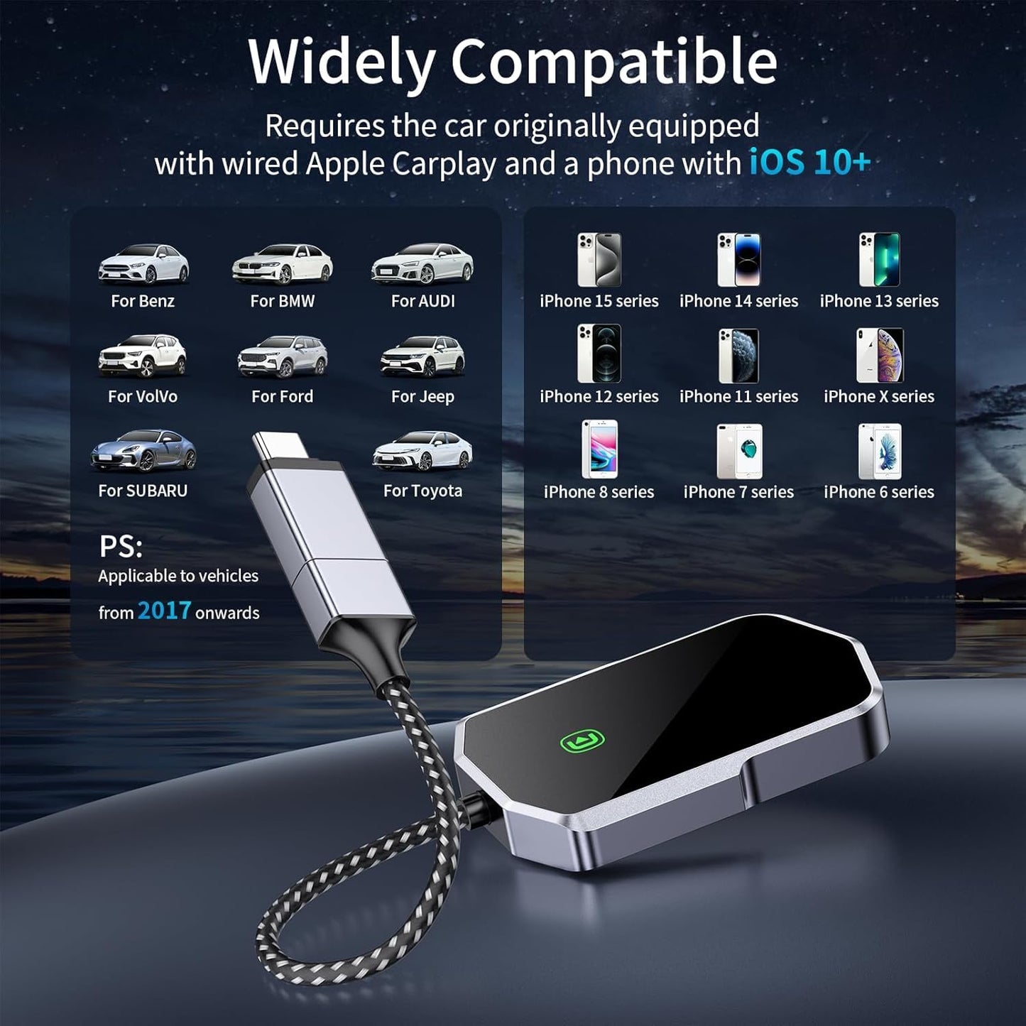 Wireless Carplay Adapter, Converts Wired to Wireless carplay Adapter for iPhone, Wireless Control Plug & Play Carplay for Cars from 2017 & for Apple iPhone iOS 10+