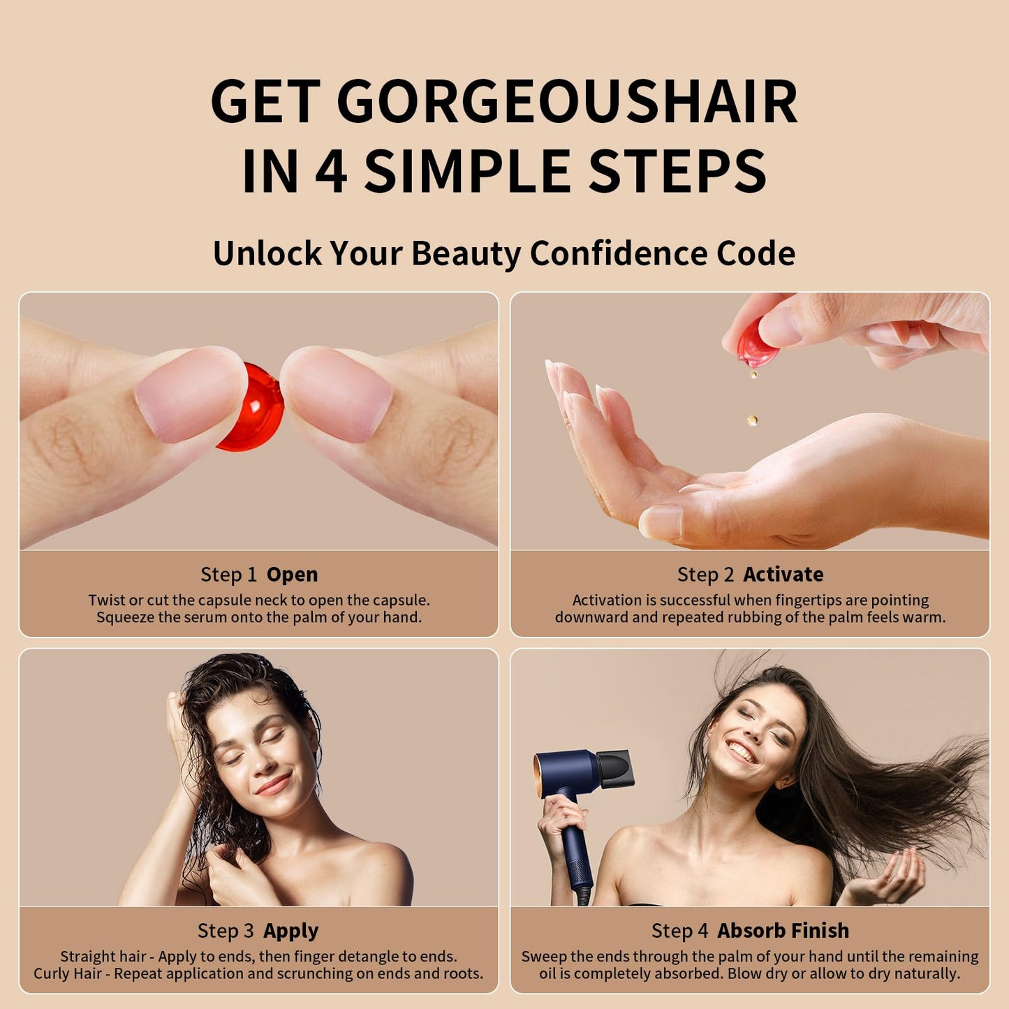 POEROES Hair Oil 50 Capsules - Hair Vitamins A C E Pro B5 - Hair Treatment Serum - Hair Serum for Frizzy and Damaged Hair - Argan & Avocado Oil - Leave in Conditioner for Women & Men