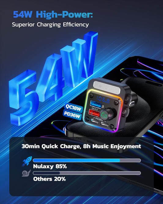 Nulaxy 54W Bluetooth 5.3 Car Adapter Charger 4-Port Fast Charging [PD36W & QC3.0 18W], Wireless Radio FM Transmitter with Deep Bass Player, 5 Colors LED Backlit, Hands-Free Calling, Support USB Drive