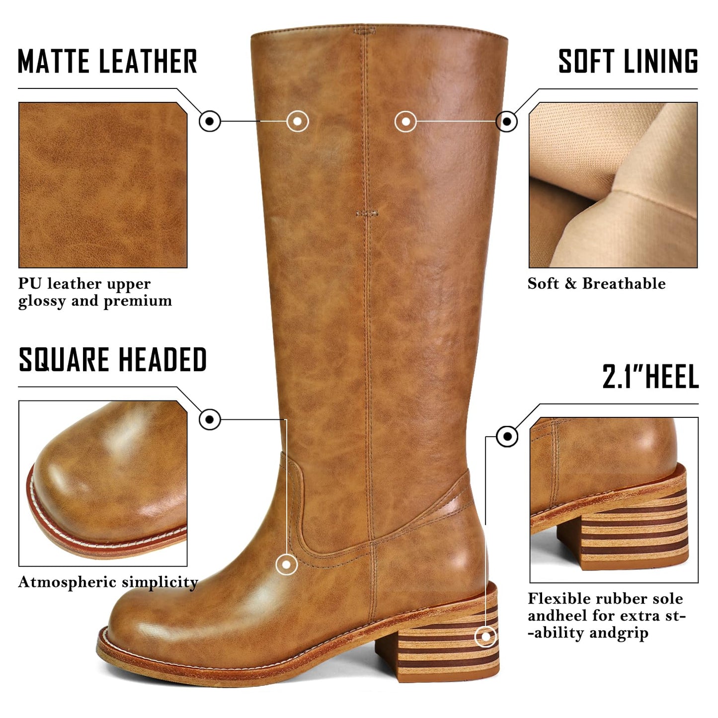 VBDB Brown Knee High Boots for Women Platform Square Toe Chunky Heel Wide Calf Campus Boots Tall Riding Long Boots Size 7.5