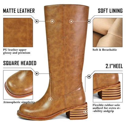 VBDB Brown Knee High Boots for Women Platform Square Toe Chunky Heel Wide Calf Campus Boots Tall Riding Long Boots Size 7.5