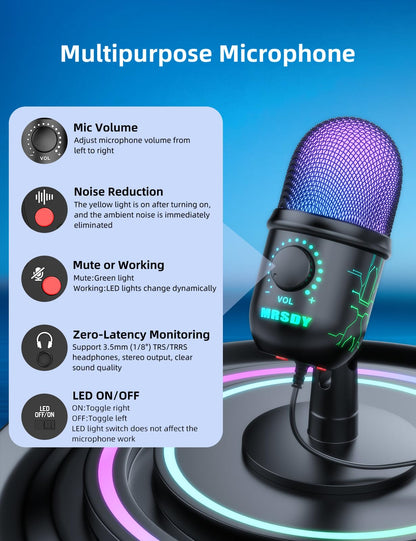 MRSDY Gaming Microphone, USB Computer Microphone for PC, Mac, PS4/5, Condenser Podcast Mic for Studio Recording, YouTube, Streaming, with Headphone Jack, Led Light, Mute, Gain, Noise Cancellation