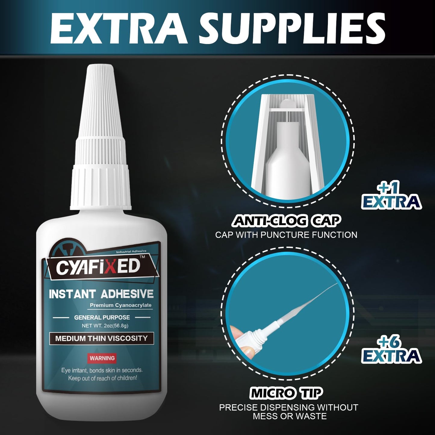 Medium-Thin Super Glue, 56.8 Gram (2 oz) Fast CA Glue with Anti-Clog Cap & Microtips, Instant Clear Cyanoacrylate Adhesive for Woodworking Woodturning 3D Printing PLA Plastic Ceramic Shoe Model