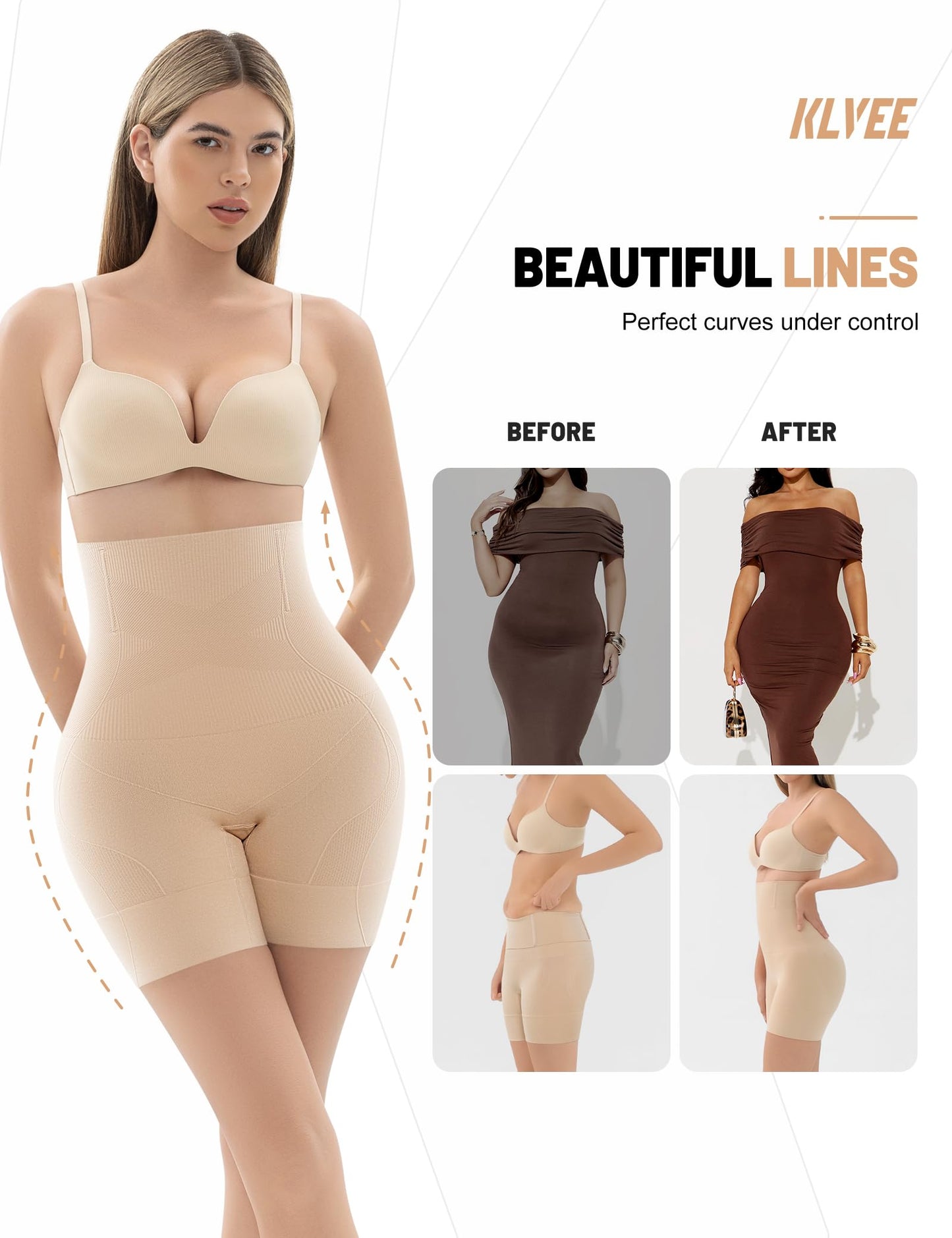 KLVEE Shapewear for Women Tummy Control, High Waisted Body Shaper Shorts Butt Lifting Panties Thigh Slimmer Shapewear Under Dress Nude
