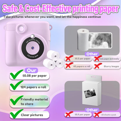 ESOXOFFORE Instant Print Camera for Kids, Christmas Birthday Gifts for Girls Boys Age 3-12,Kids Digital Cameras for Toddler, Portable Toy for 3 4 5 6 7 8 9 10 Year Old Girl with 32GB SD Card-Purple