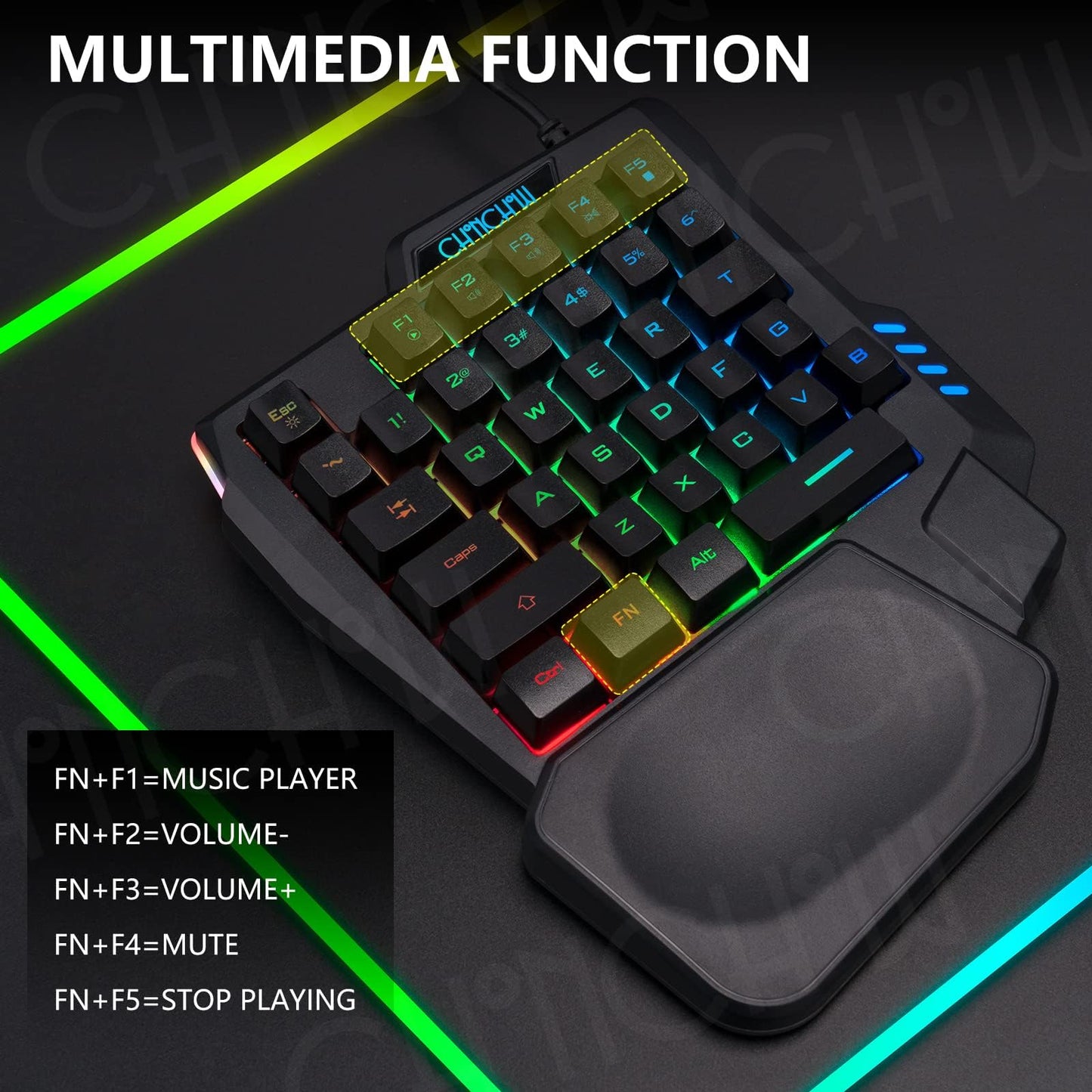 CHONCHOW One Handed Gaming Keyboard, 35 Keys, Rainbow LED, Wired USB, Ergonomic with Wrist Rest, Mini Portable, PS4/PS5/Xbox/PC/Laptop Compatible
