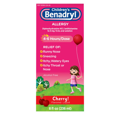 Benadryl Children's Allergy Relief Liquid Medicine with Diphenhydramine HCl Antihistamine for Kids, Effective Allergy Relief, Cherry Flavor, 8 fl. oz