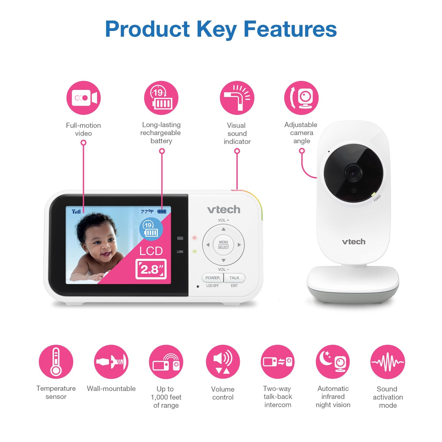 VTech VM819 Baby Monitor with Camera and Audio, 2.8” Screen Portable Baby Camera, Night Vision, 2-Way Audio, Temperature Sensor and Lullabies, Secure Transmission No WiFi, Ideal for Baby/Elderly/Pet