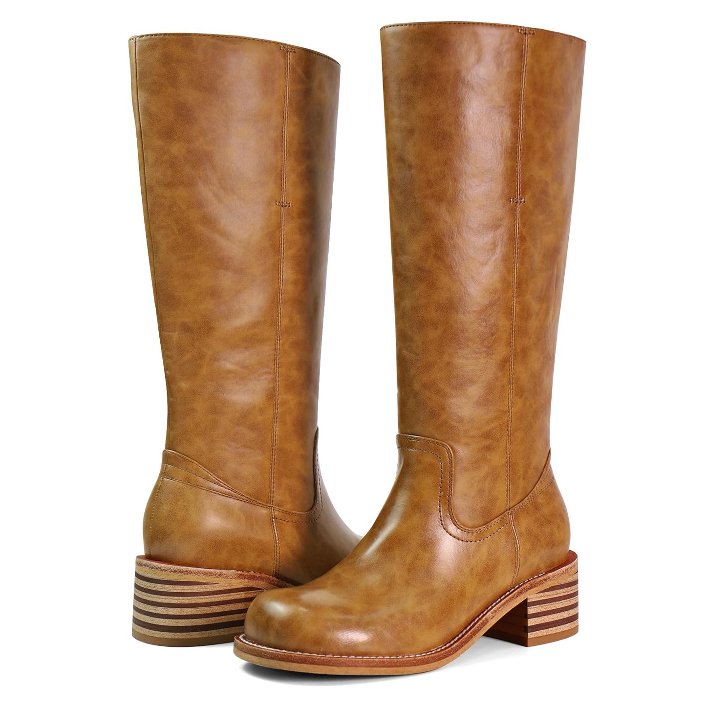 VBDB Brown Knee High Boots for Women Platform Square Toe Chunky Heel Wide Calf Campus Boots Tall Riding Long Boots Size 7.5