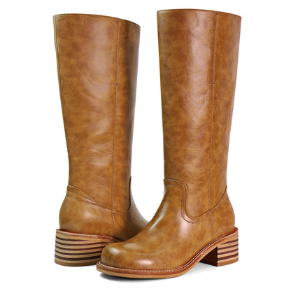 VBDB Brown Knee High Boots for Women Platform Square Toe Chunky Heel Wide Calf Campus Boots Tall Riding Long Boots Size 7.5
