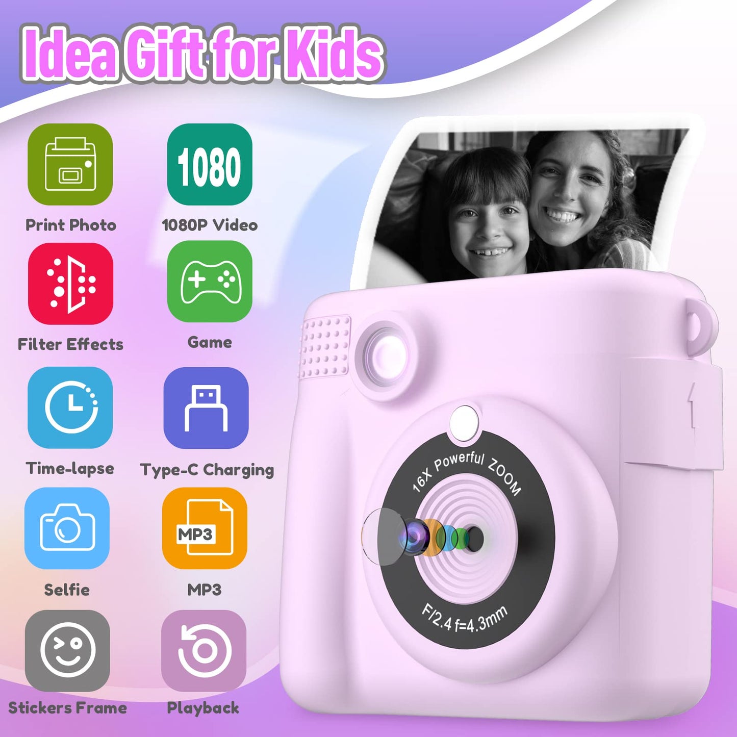 ESOXOFFORE Instant Print Camera for Kids, Christmas Birthday Gifts for Girls Boys Age 3-12,Kids Digital Cameras for Toddler, Portable Toy for 3 4 5 6 7 8 9 10 Year Old Girl with 32GB SD Card-Purple