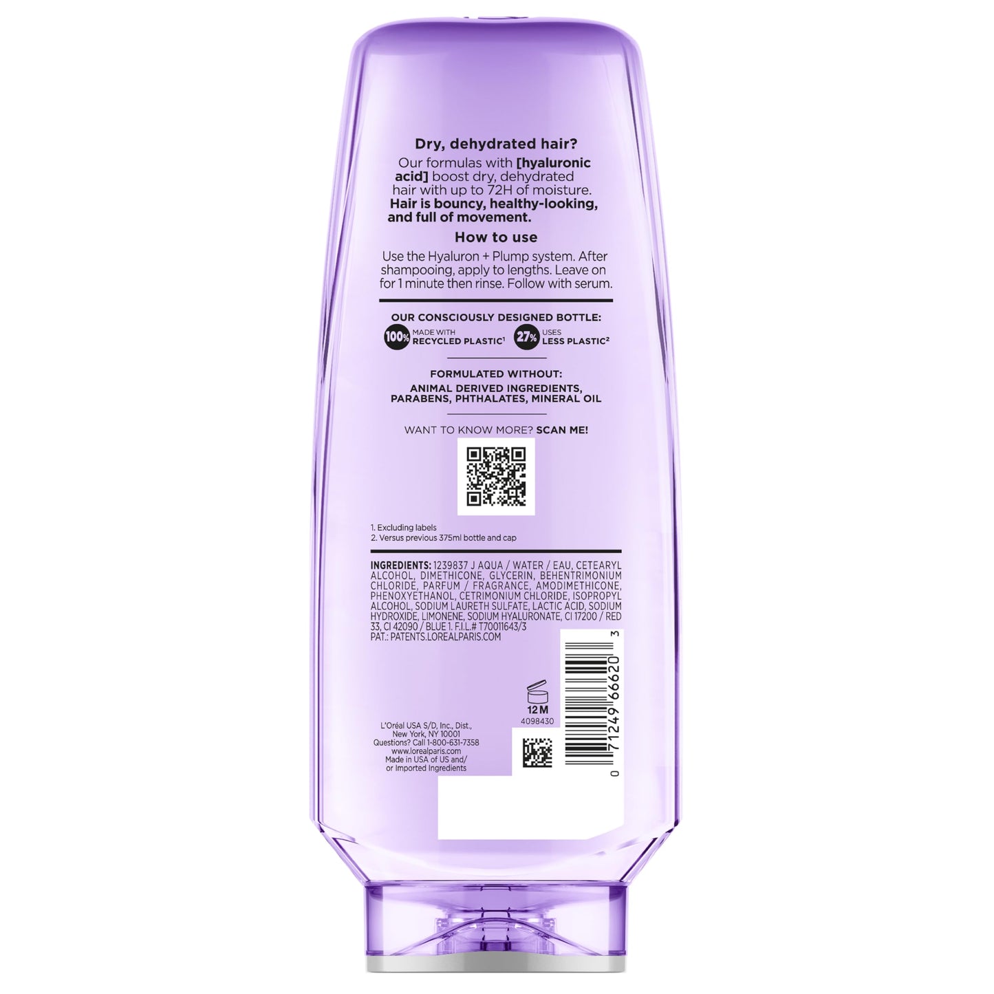 L'Oreal Paris Elvive Hyaluron Plump Hydrating Conditioner for Dehydrated, Dry Hair Infused with Hyaluronic Acid Care Complex, Paraben-Free, 12.6 Fl Oz