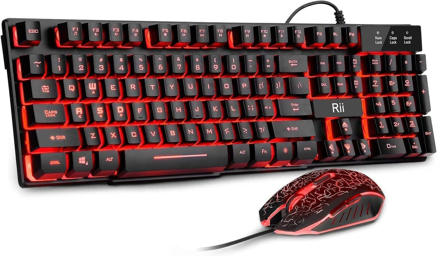 Rii Gaming Keyboard and Mouse Set, 3-LED Backlit Mechanical Feel Business Office Keyboard, Colorful Breathing Backlit Mouse for Working or Primer Gaming, Office Device (RK108)