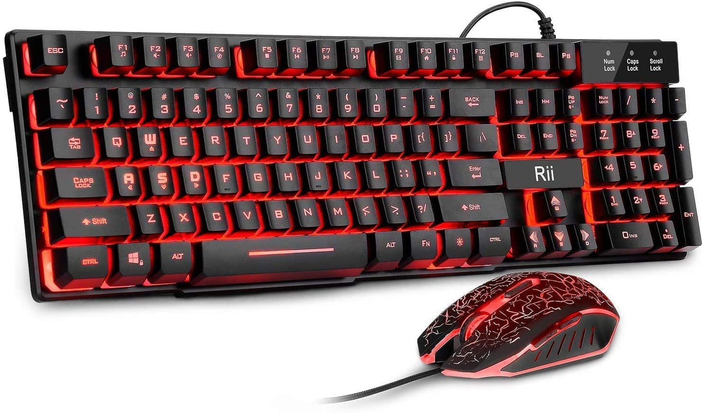 Rii Gaming Keyboard and Mouse Set, 3-LED Backlit Mechanical Feel Business Office Keyboard, Colorful Breathing Backlit Mouse for Working or Primer Gaming, Office Device (RK108)