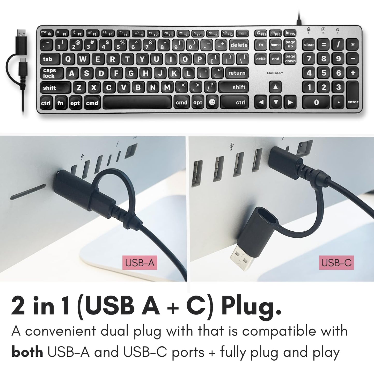 Macally Wired Keyboard for Mac (USB C + A) - Large Print and Backlit for Apple - 107 Key Full Size Large Letters USB C Keyboard for MacBook Pro/Air, Mac mini, iMac