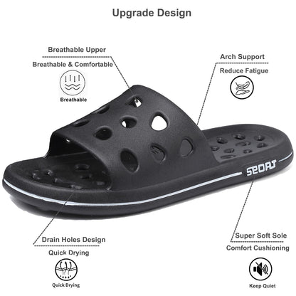 FINLEOO Shower Shoes for Women Men, Quick Drying Shower Sandals with Drain Holes Non-Slip Pool Slides Comfortable Lightweight House Slippers-Black