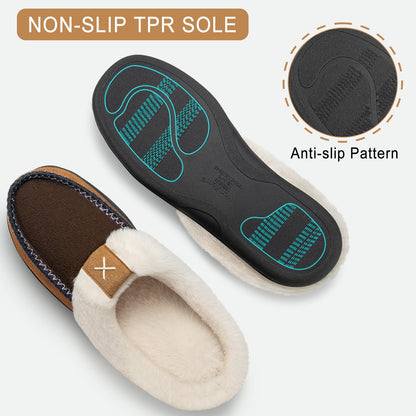 Homitem Mens Slippers Memory Foam Fuzzy Slippers for Men Wool-Like Plush Fleece Lined House Shoes Indoor Outdoor Anti-Skid Rubber Sole Home Bedroom(Size 11-12,Coffee)