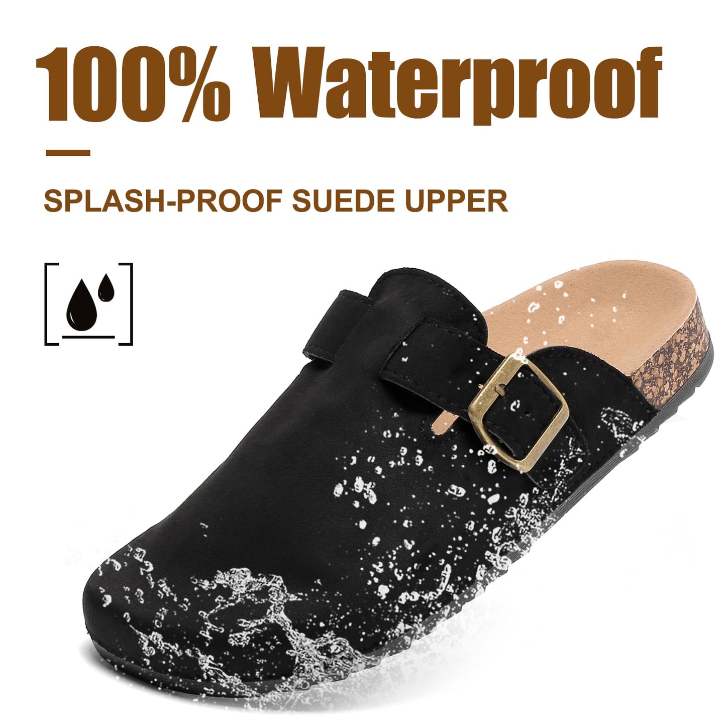 Women's Suede Clogs Mens Leather Mules Comfort Cork Footbed Antislip House Sandals Arch Support Potato Shoes with Adjustable Buckle Black